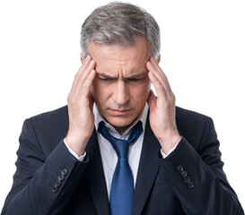 Stressed Businessman Having Headache and Frustrated with Work Problem or Economic Crisis Isolated on White Background