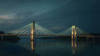 Fototapeta premium Modern Cable-Stayed Bridge at Night with Glowing Green Neon Cables and Reflections on the Dark River Water