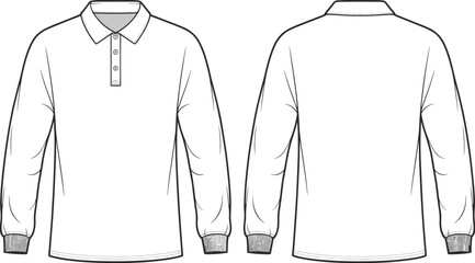 Long sleeve polo shirt technical flat CAD drawing front and back view apparel fashion vector illustration mens clothing template