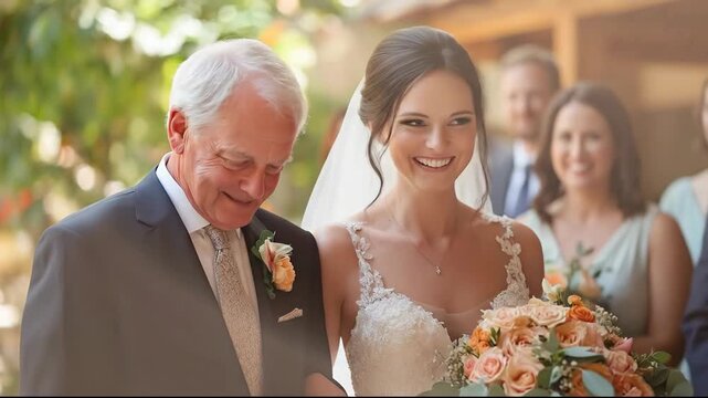 A joyful bride walking with her father, surrounded by loved ones.