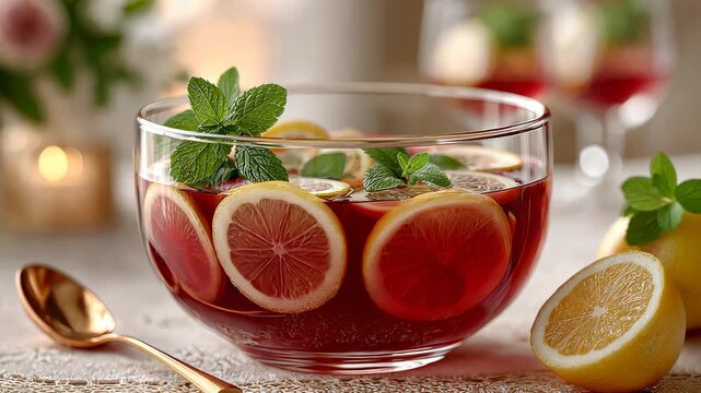 Refreshing iced tea party: lemon and mint garnished glasses on elegant table setting