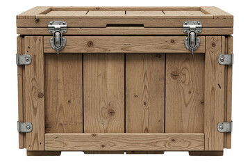 Closed wooden shipping crate with metal latches and corner braces on a transparent background