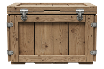 Closed wooden shipping crate with metal latches and corner braces on a transparent background