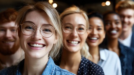 Fototapeta premium A diverse group of young adults with radiant smiles stand closely together, conveying a sense of unity and optimism, captured in a warm, inviting portrait style.