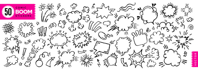 Comic pop doodle effect. Cartoon line cloud, boom, speed and smoke icon. Comic effect vector, doodle style. Pop confetti, speech bubble, explosive, wow, collision. Hand drawn png anime set. Cartoon bg