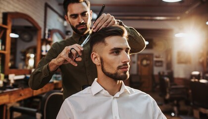 Barber cutting clients hair with scissors and comb in a modern barbershop