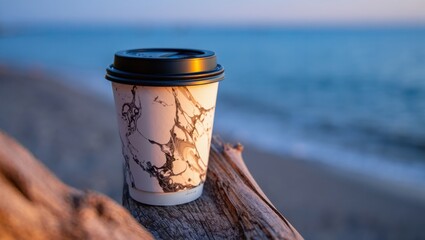 Coffee cup on driftwood by the serene ocean at sunset