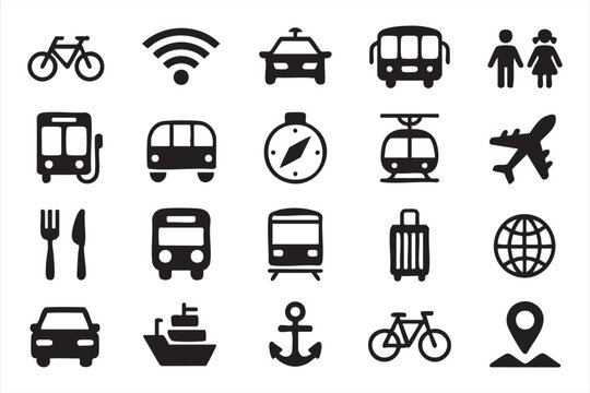 Mobility and transit icons for app design, smart city platforms, travel interfaces