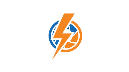 Orange lightning bolt over a basketball and globe logo design.