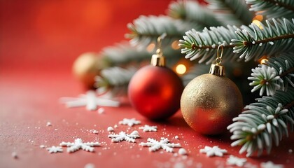 Christmas Composition with Ornaments, Fir Branches, and Snow on Red Background