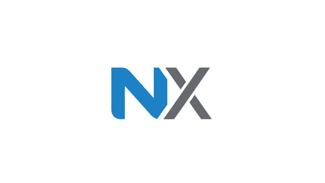 NX logo design with blue and gray colors on a white background.