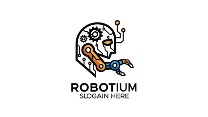 Robotium Logo - Futuristic Robotic Head with Mechanical Arm and Gears.