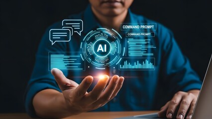 Man interacts with advanced AI interface using futuristic digital hologram technology.