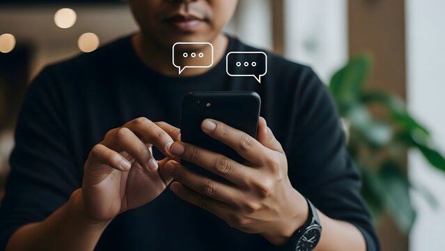 Man using a smartphone with chat bubbles displayed on it - Powered by Adobe