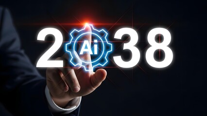 A business hand points to a futuristic AI symbol within the year 2038