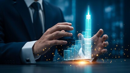 Businessman presenting futuristic cityscape with glowing skyscraper