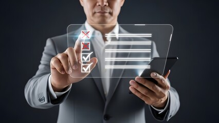 Businessman interacting with a virtual checklist on a futuristic digital interface.