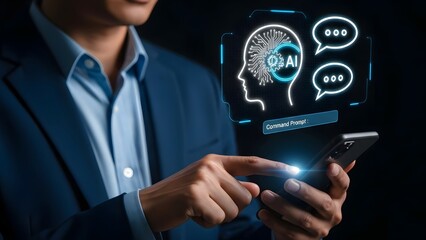 Businessman interacting with AI chatbot interface on smartphone screen