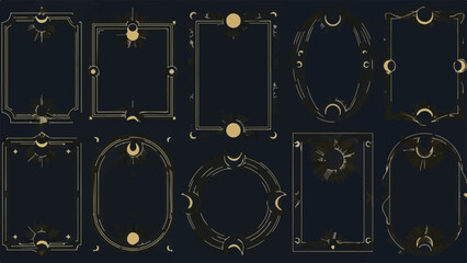 Set of ten gold celestial frames and mystical borders with sun and moon motifs
