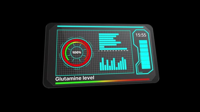 Futuristic HUD glutamine level interface with digital health indicators and data visualization dashboard for muscle recovery monitoring, immune function support, metabolic balance
