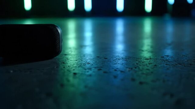 Bluetooth speaker on surface with neon lights, abstract background, technology