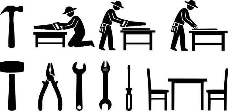 Conjunto de iconos de carpinter&iacute;a y herramientas manuales con personas trabajando en madera. Ilustraci&oacute;n vectorial para proyectos de bricolaje, reparaci&oacute;n de muebles y construcci&oacute;n.
