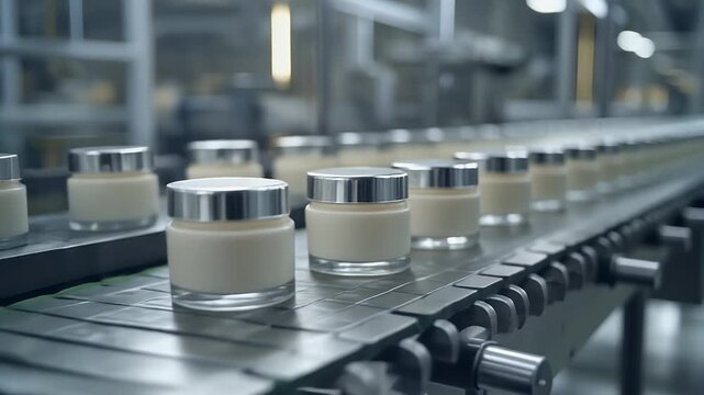 Cosmetic Cream Jars Moving Along An Automated Industrial Production Line With Shiny Metal Lids And Soft Lighting