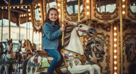 Smiling Girl Riding a Carousel Horse with Nostalgic Atmosphere