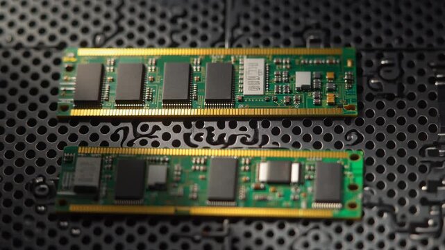 Closeup of two RAM modules on a perforated metal surface essential computer hardware.