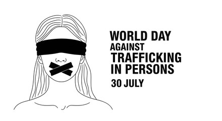 World Day Against Trafficking in Persons Banner with Blindfolded Woman Line Art Illustration