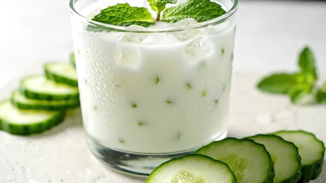A close-up shot showcases a frosty glass filled with a creamy, refreshing beverage, garnished elegantly with vibrant green mint leaves. Ice cubes float within the light-colored drink, which contains s