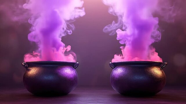 Two magical cauldrons emitting purple smoke in a mystical atmosphere.