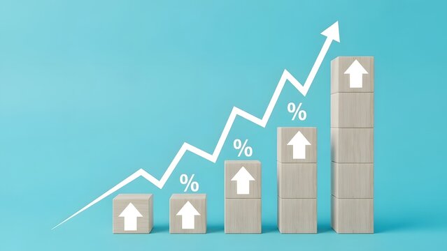 Wooden blocks forming a rising bar chart with an upward arrow and percentage symbols, overlaid with a white line graph indicating growth on a blue background. - Powered by Adobe
