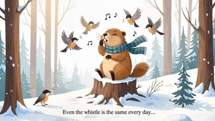 Groundhog whistling the same tune every day while sitting on a stump in the snowy forest