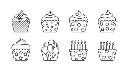 A delightful collection of eight unique black and white outline illustrations featuring various festive birthday cupcakes and celebratory treats ready for coloring or design projects