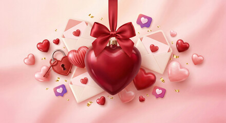 Romantic valentine concept with red heart ornament love letters and pink background