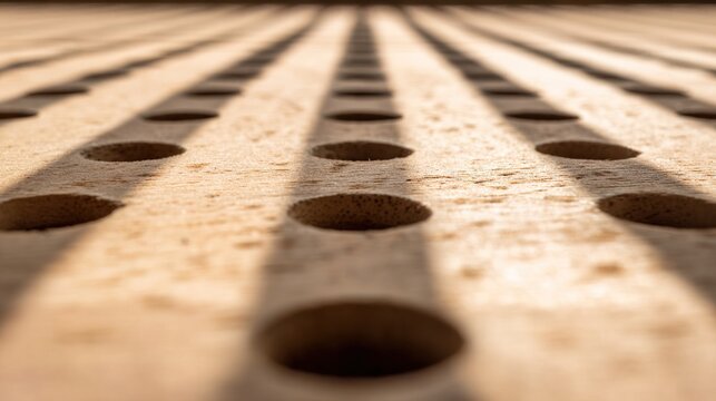 soffit. Extreme close-up of wooden soffit with sunlight streaming through holes. real-estate listings, architecture portfolios, designed for real-estate listing and luxury residence showcases.
