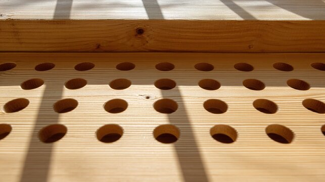 soffit. Extreme close-up of wooden soffit with sunlight streaming through holes. real-estate listings, architecture portfolios, designed for real-estate listing and luxury residence showcases.
