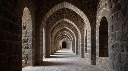 Fototapeta premium decade. Monastery corridor with repeating stone arches extending into the distance, showcasing architectural symmetry. real-estate listings.
