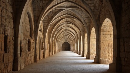 Fototapeta premium decade. Monastery corridor with repeating stone arches extending into the distance, showcasing architectural symmetry. real-estate listings.