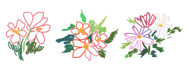 Sketch crayon style modern simple flower art poster or placard collection. Ink, charcoal, pencil or chalk style plants or floral elements drawing. Colorful hand drawn flowers vector illustration set.