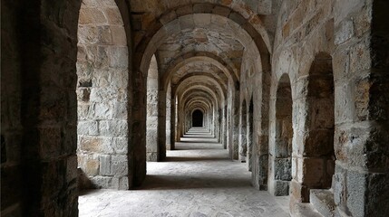 Obraz premium decade. Monastery corridor with repeating stone arches extending into the distance, showcasing architectural symmetry. real-estate listings.