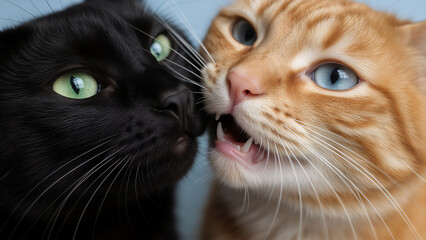 Close up portrait of two cats interacting. Black cat with green eyes and ginger tabby with blue eyes facing each other. Friendship and communication concept