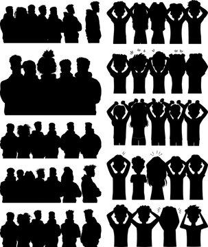 Conjunto de siluetas de personas en grupos y poses individuales con gestos de estr&eacute;s, preocupaci&oacute;n y unidad. Ilustraci&oacute;n vectorial de diversidad social y salud mental.