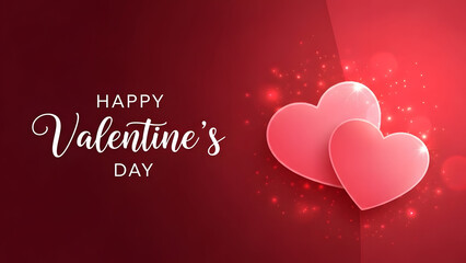 Happy valentines day wishes with two pink hearts on red background