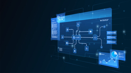 AI workflow automation artificial intelligence. ai agent network diagram dashboard machine learning data processing system, coding, file and automation system.