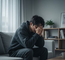 ソファで落ち込むアジア人男性