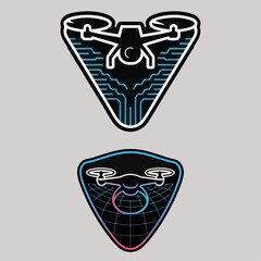 Futuristic drone pilot badge set with triangular shields, neon circuit lines and radar grid; modern UAV quadcopter logo vector for FPV racing and tech branding