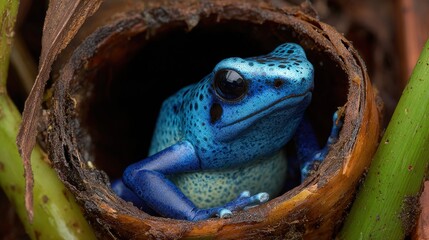 hollow. Poison dart frog in rainforest habitat using a hollow reed among tropical vegetation. wildlife magazines, conservation campaigns, designed for eco-tourism storytelling.