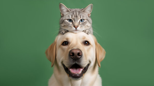 A funny portrait of a grey tabby cat sitting on a happy yellow Labrador dog's head. Unlikely animal friends posing together against a green background. Pet friendship and companionship concept